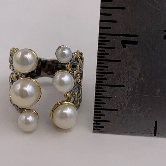 Ring, NWOT, real pearls, 925 sterling silver, 22 K gold, adjustable, statement - Picture 5 of 16